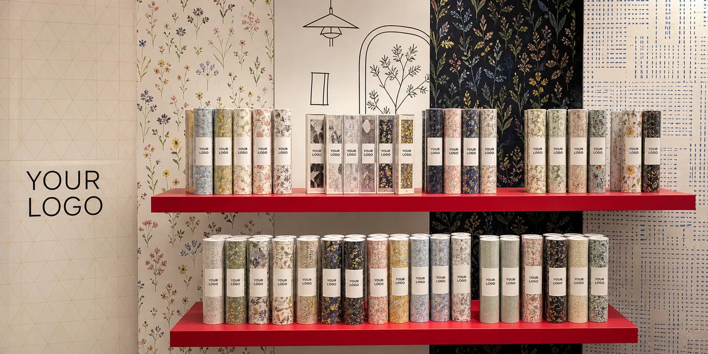 Retail shelves of packaged film rolls carrying a blank YOUR LOGO label, set against patterned wall displays