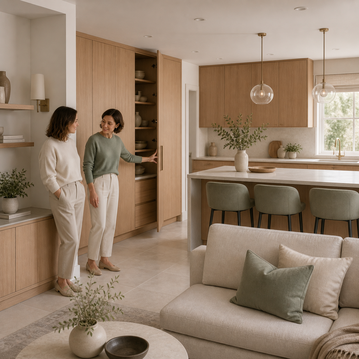 Two people reviewing a kitchen finished with cabinet film and adhesive floor tile