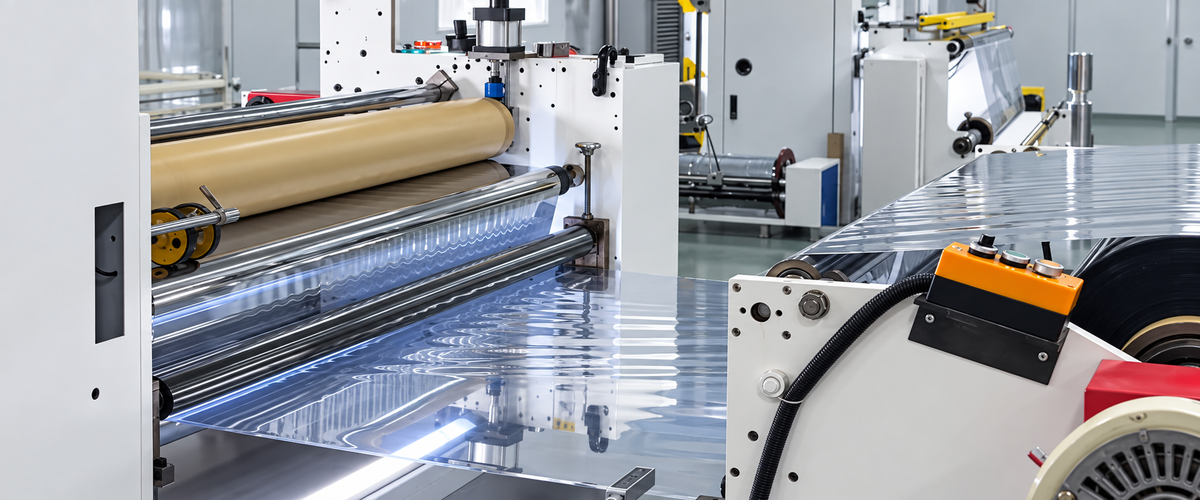 A film converting line in a factory, with clear film running across polished steel rollers and an orange control box in the foreground.