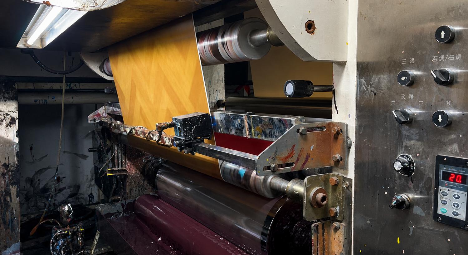 Yellow-printed film running over the rollers of a printing press