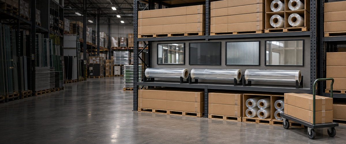 Rolls of clear window film and boxed stock on warehouse racking, with framed glass samples showing clear and reeded film.