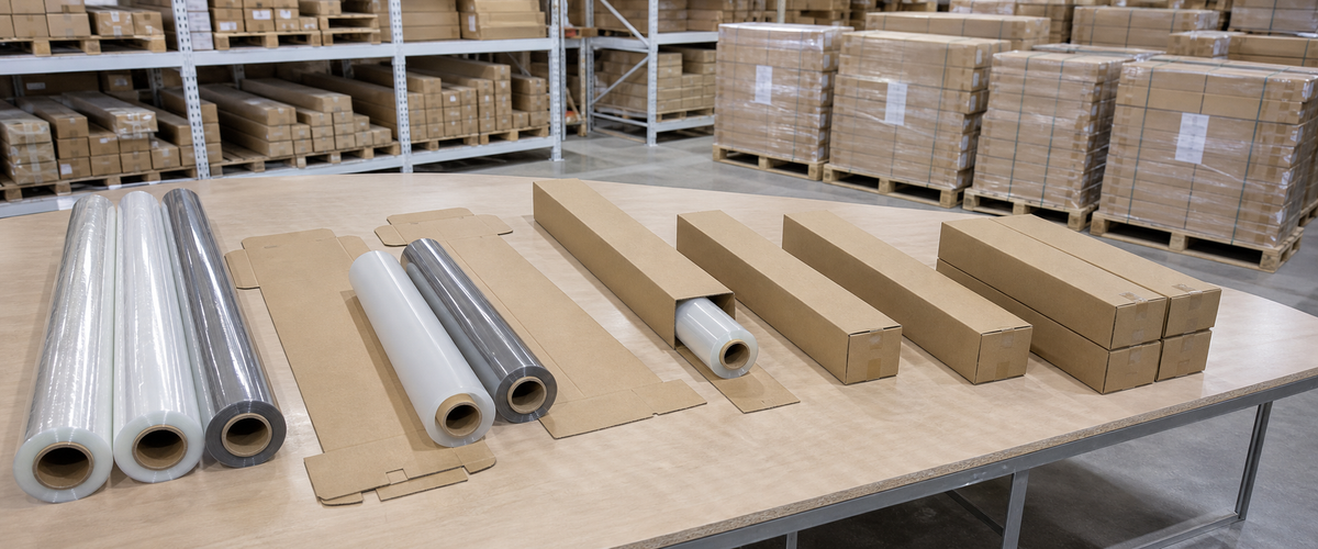 Film rolls and flat-packed cartons laid out on a warehouse bench, with palletised stock on the racking behind.