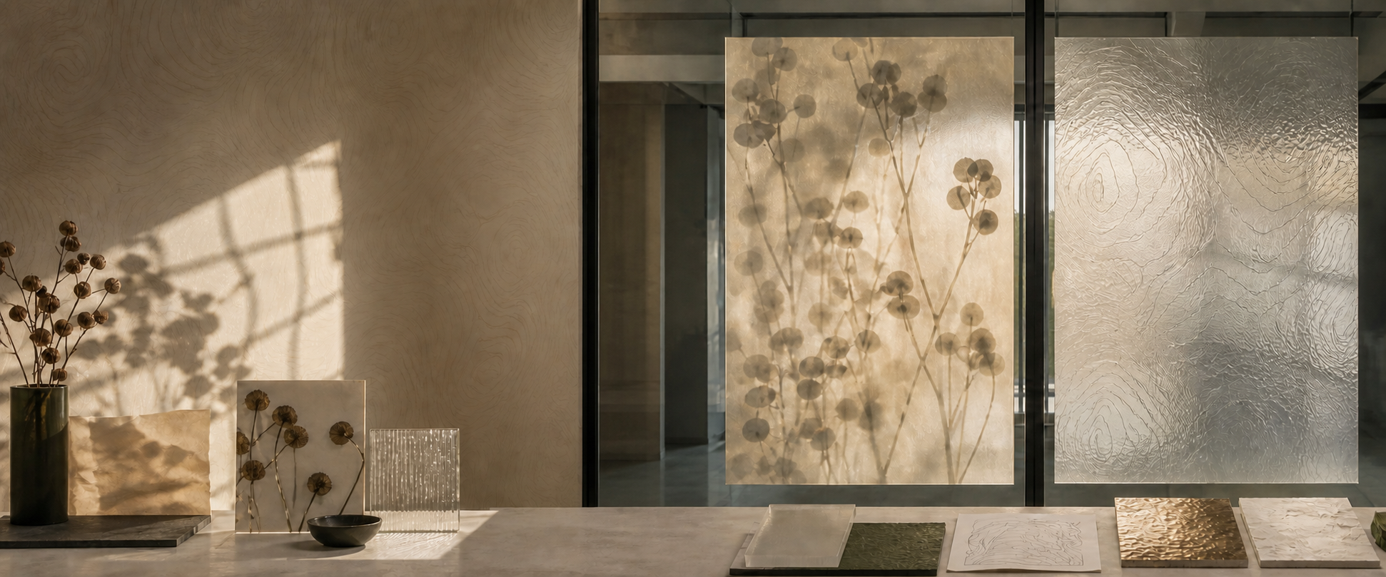 A translucent botanical seedhead pattern printed on a glass panel in an interior