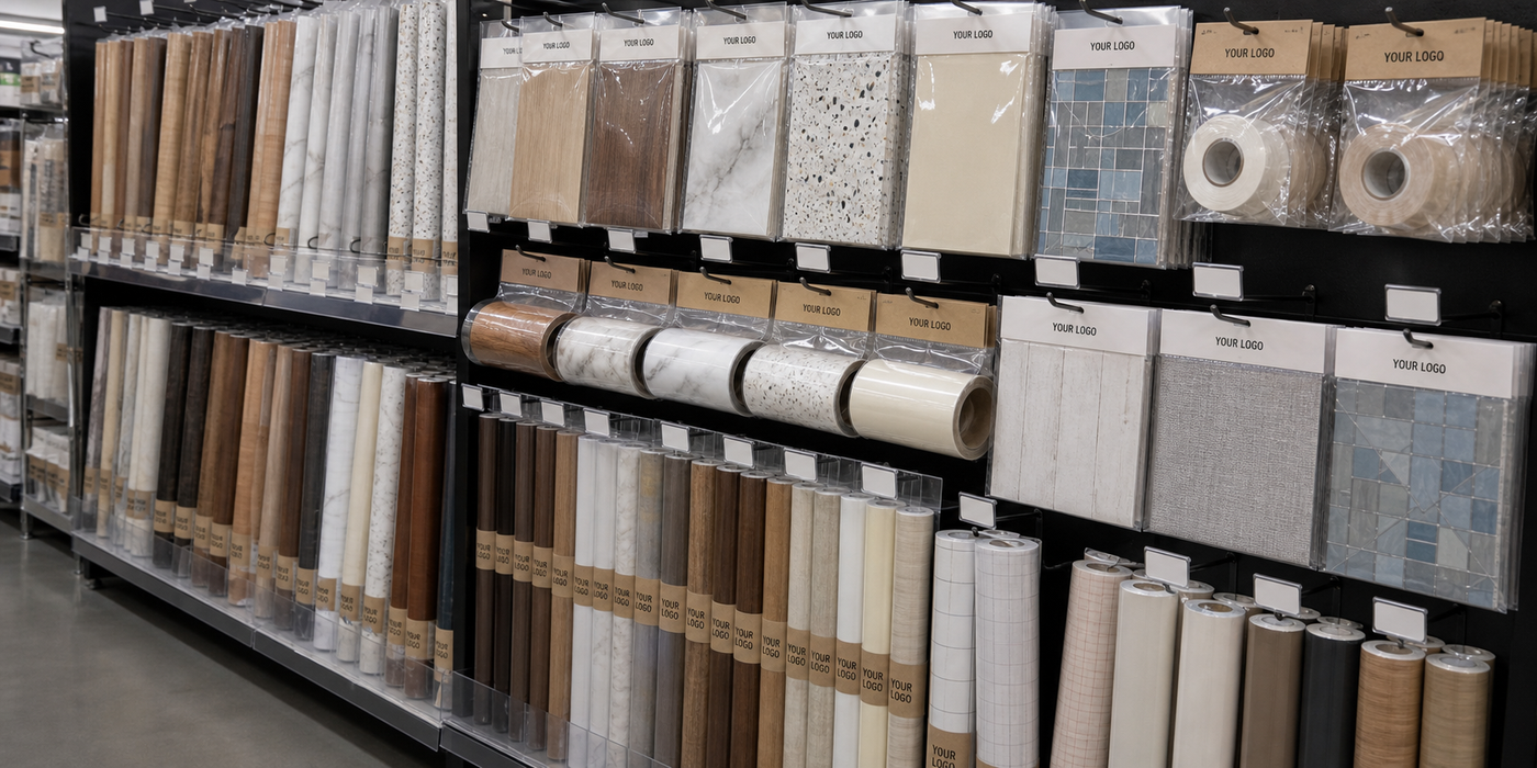 A retail aisle of decorative film rolls and hanging packs, each pack carrying a blank Your Logo panel for the retailer's own brand.