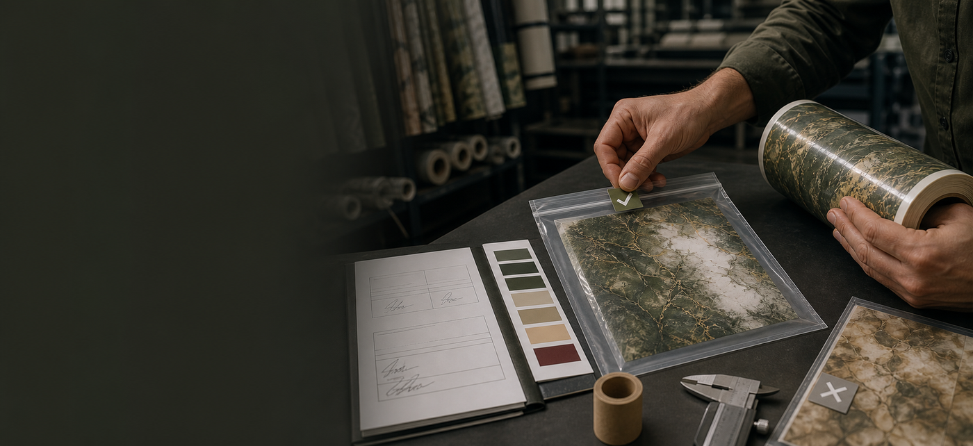 Checking a marble-pattern film sample sealed in a pouch against colour chips and a signed approval sheet.