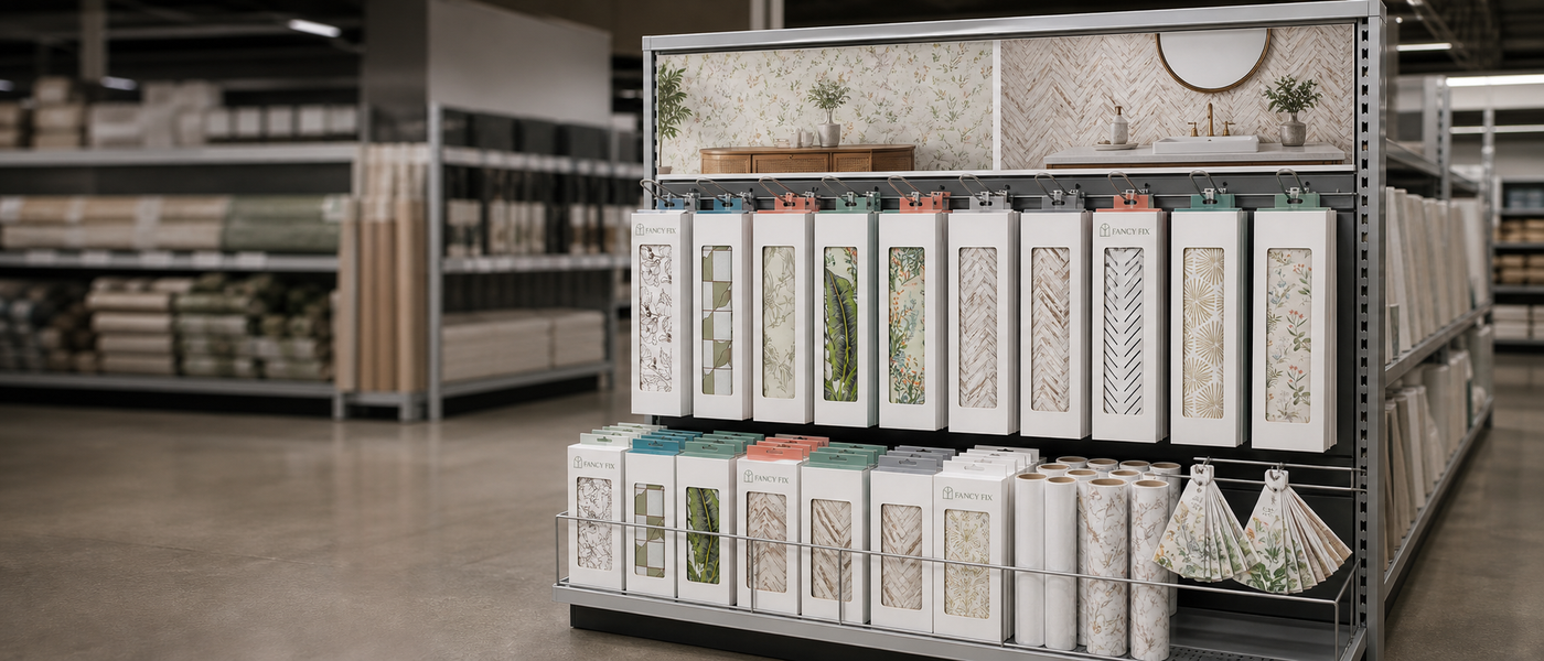 Peel-and-stick wallpaper packs on a retail display rack