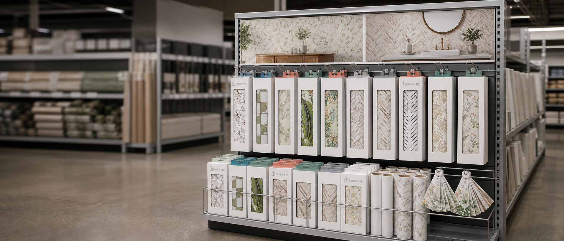 Peel-and-stick wallpaper packs on a retail display rack