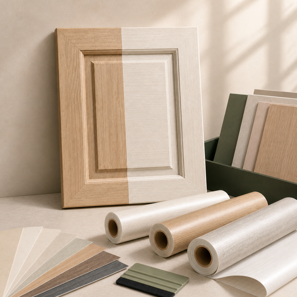 White herringbone self-adhesive tile film in a bedroom