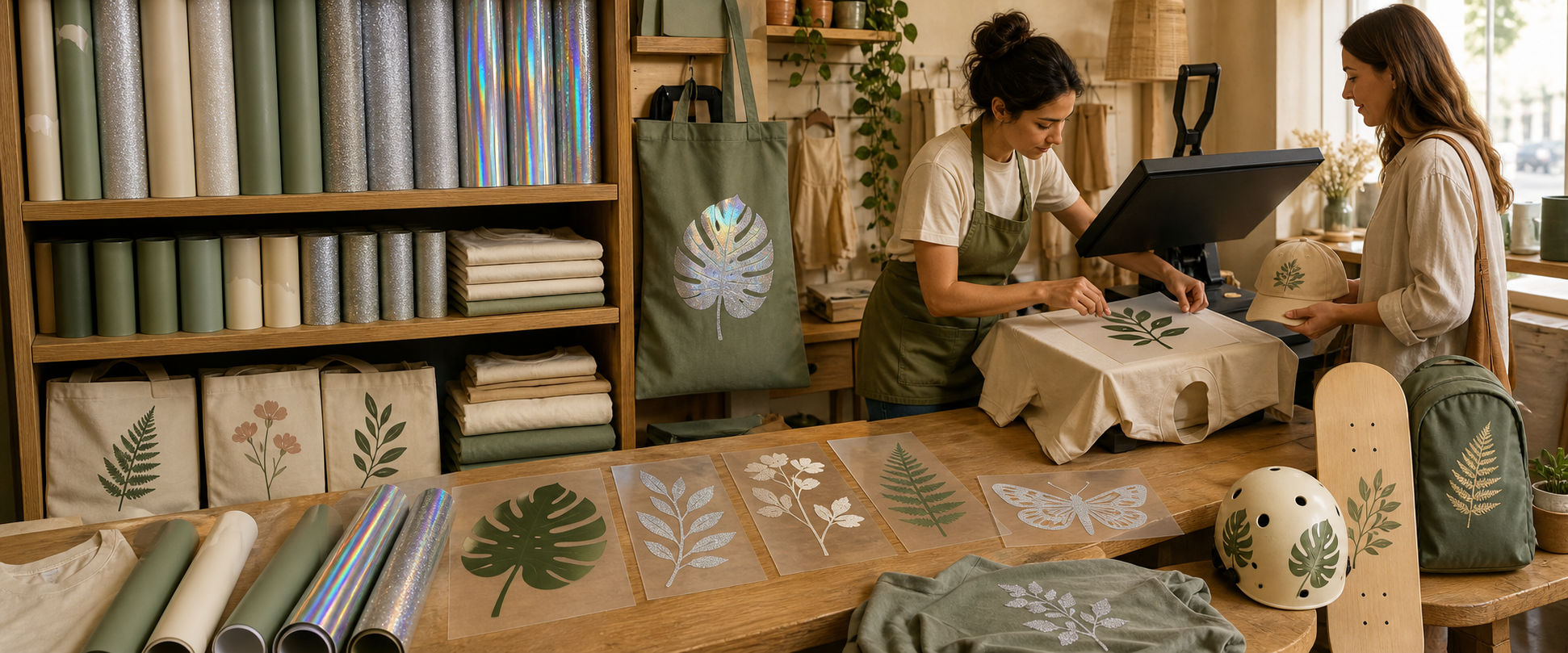 A maker heat-pressing a leaf design onto a tote bag in a small craft studio