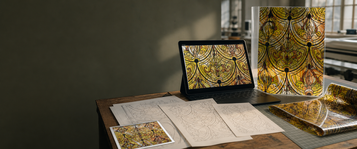 A tablet showing an original stained glass design beside the hand-drawn line work and the finished printed film roll.