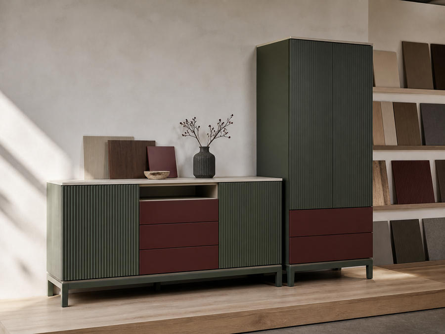 A fluted sideboard finished in green and burgundy furniture film