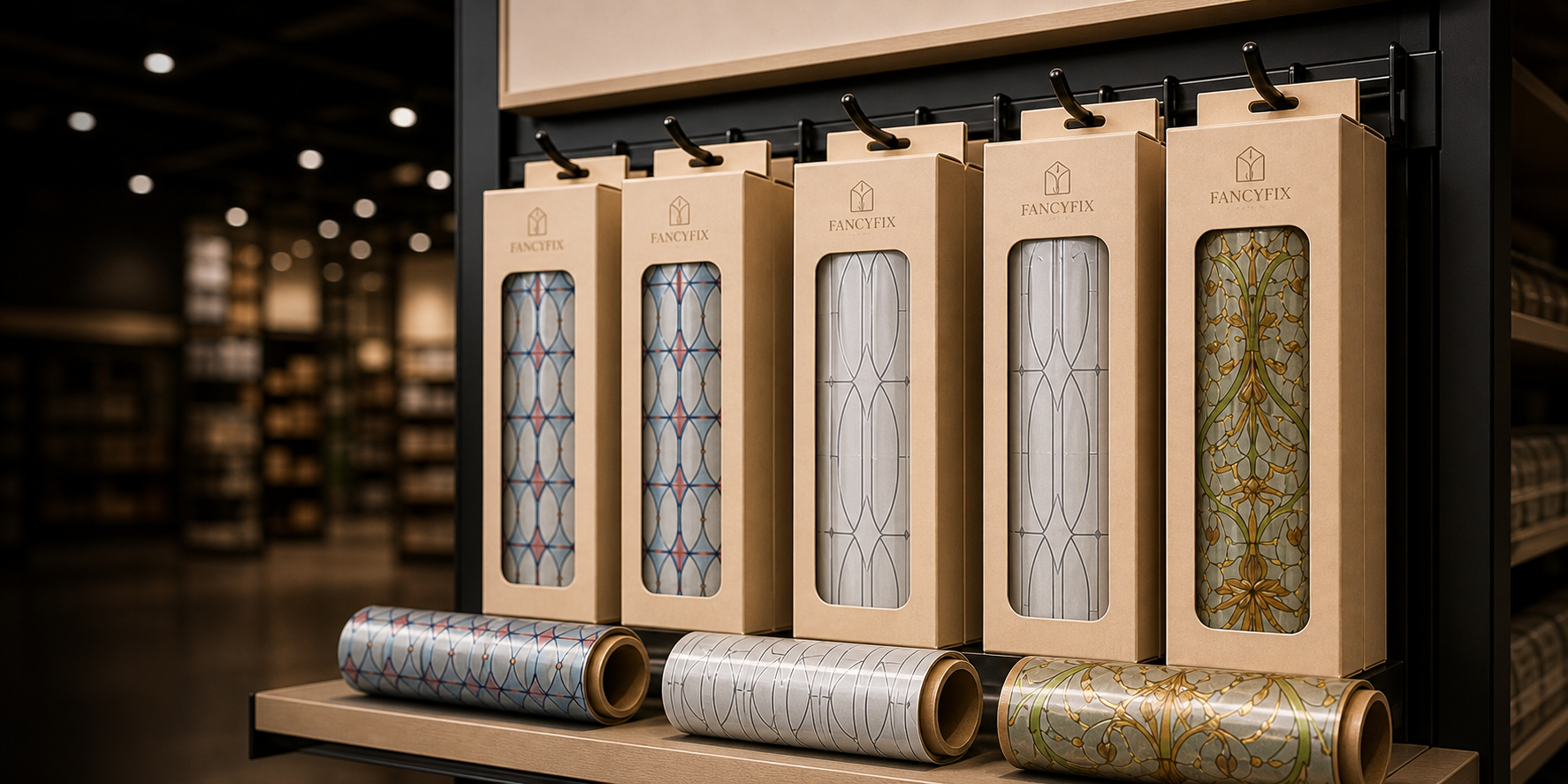 Window film in retail packaging on a shelf hook display with product rolls below