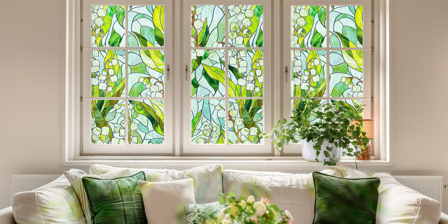 Art Deco stained glass window film with sunburst corners in a bathroom window