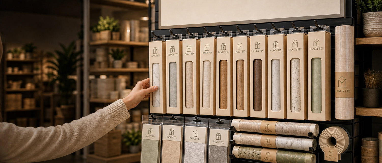 Rolls of decorative surface film on a retail display rack, under a blank header sign reading Your Brand