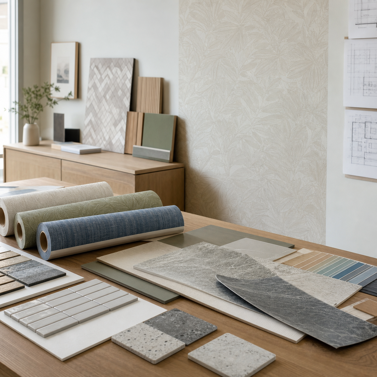 Wall covering rolls and stone sample boards laid out on a designer's worktable