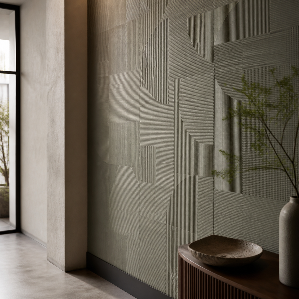 A finished feature wall in textured wall covering beside a low console and vase