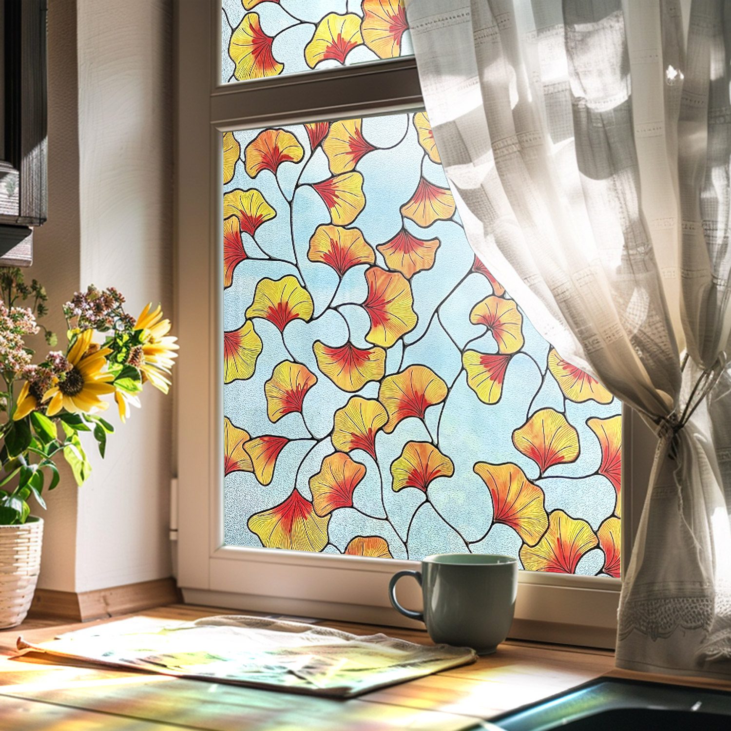3D Decorative Stained Glass Window Film-Ginkgo Floral window film